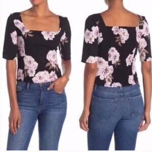 Free Press Black Floral Cropped Blouse Square Neck NWT Medium